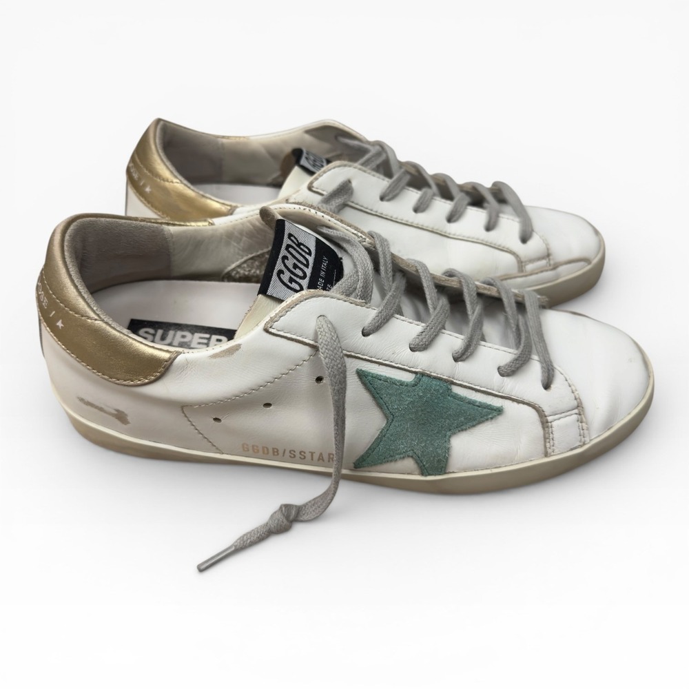 Golden Goose Super-Star Sneaker Womens 38 White Teal Gold Distressed Gray Laces - Picture 14 of 14